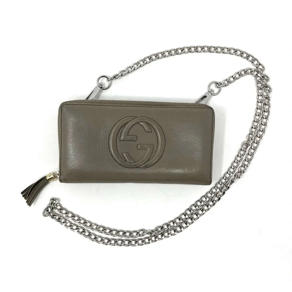 Authentic Gucci Gray Soho GG Logo Leather Zip Around Wallet On Chain Crossbody - Picture 2 of 9